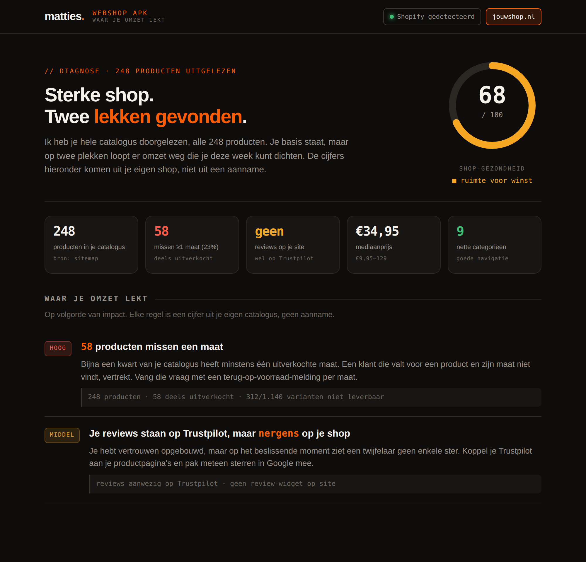 Voorbeeld van een Webshop APK rapport met score, cijfertegels en gevonden lekken